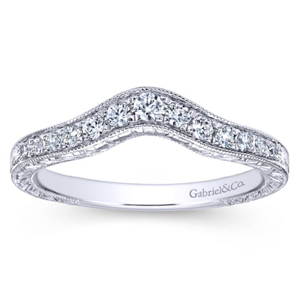 14K White Gold Vintage Inspired Curved Diamond Anniversary Band with Engraving