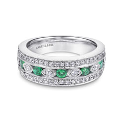 14K White Gold Vintage Inspired Emerald and Diamond Ring