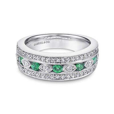 14K White Gold Vintage Inspired Emerald and Diamond Ring