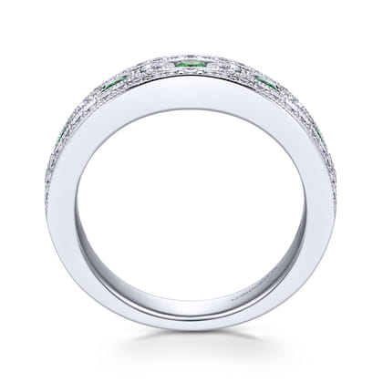 14K White Gold Vintage Inspired Emerald and Diamond Ring