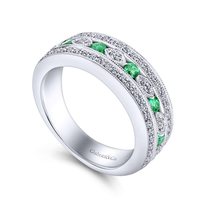 14K White Gold Vintage Inspired Emerald and Diamond Ring