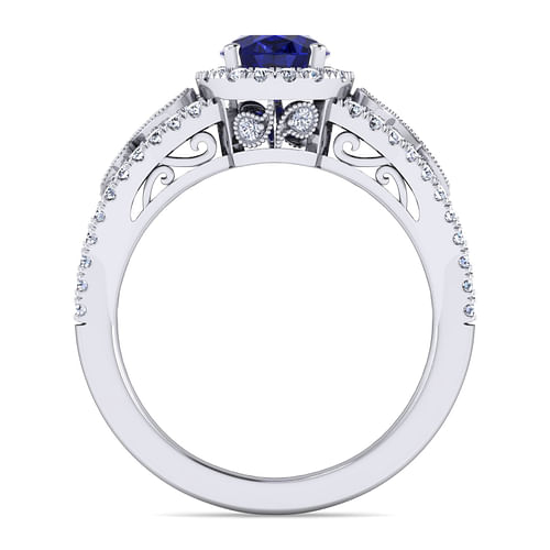 14K White Gold Vintage Inspired Oval Sapphire and Diamond Halo Ring - 0.5 ct - Shot 2