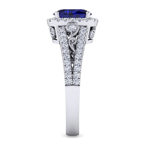 14K White Gold Vintage Inspired Oval Sapphire and Diamond Halo Ring - 0.5 ct - Shot 4