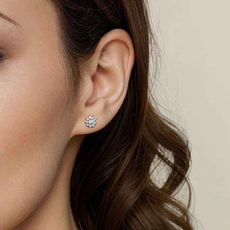 14K White Gold White Sapphire Cluster Stud Earrings