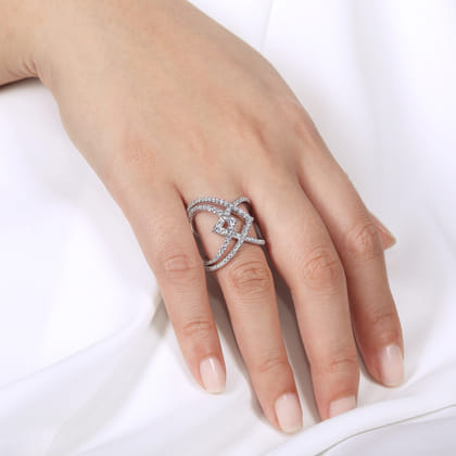 14K White Gold Wide Band Layered Diamond Ring