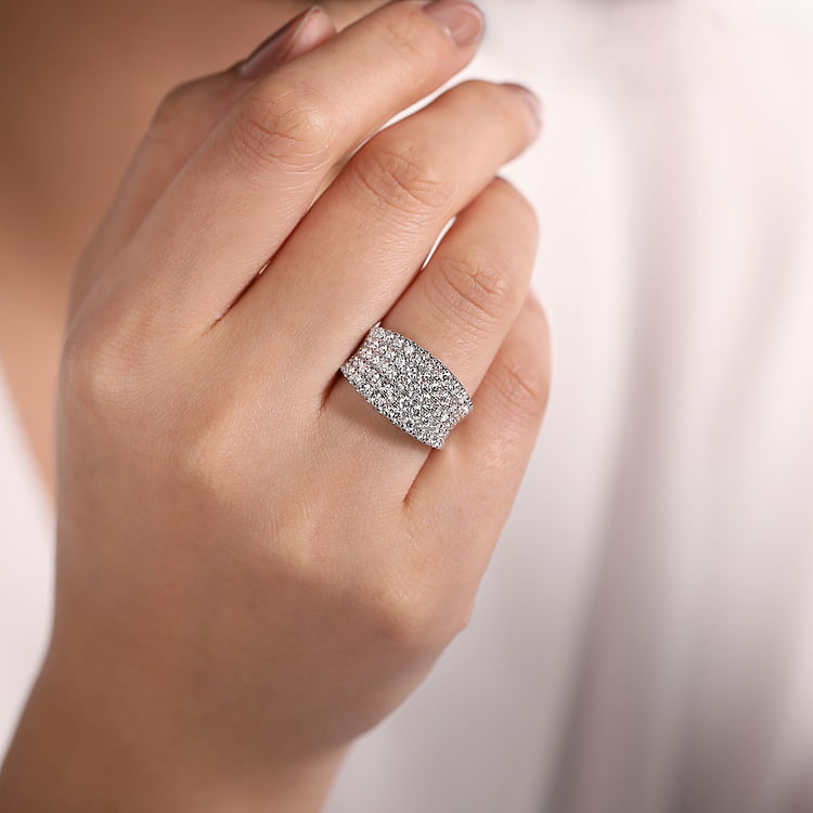 14K White Gold Wide Band Pave Diamond Ring