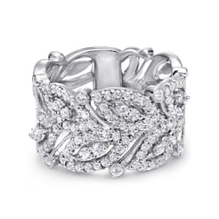 14K White Gold Wide Diamond Leaf Statement Ring 