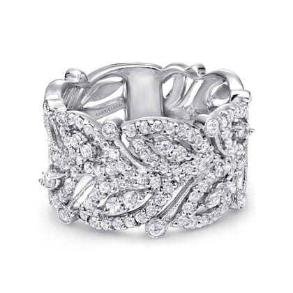 14K White Gold Wide Diamond Leaf Statement Ring