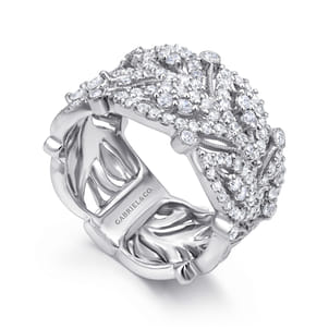 14K White Gold Wide Diamond Leaf Statement Ring