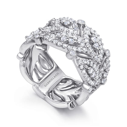 14K White Gold Wide Diamond Leaf Statement Ring