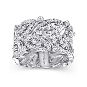 14K White Gold Wide Diamond Leaf Statement Ring