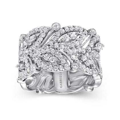 14K White Gold Wide Diamond Leaf Statement Ring