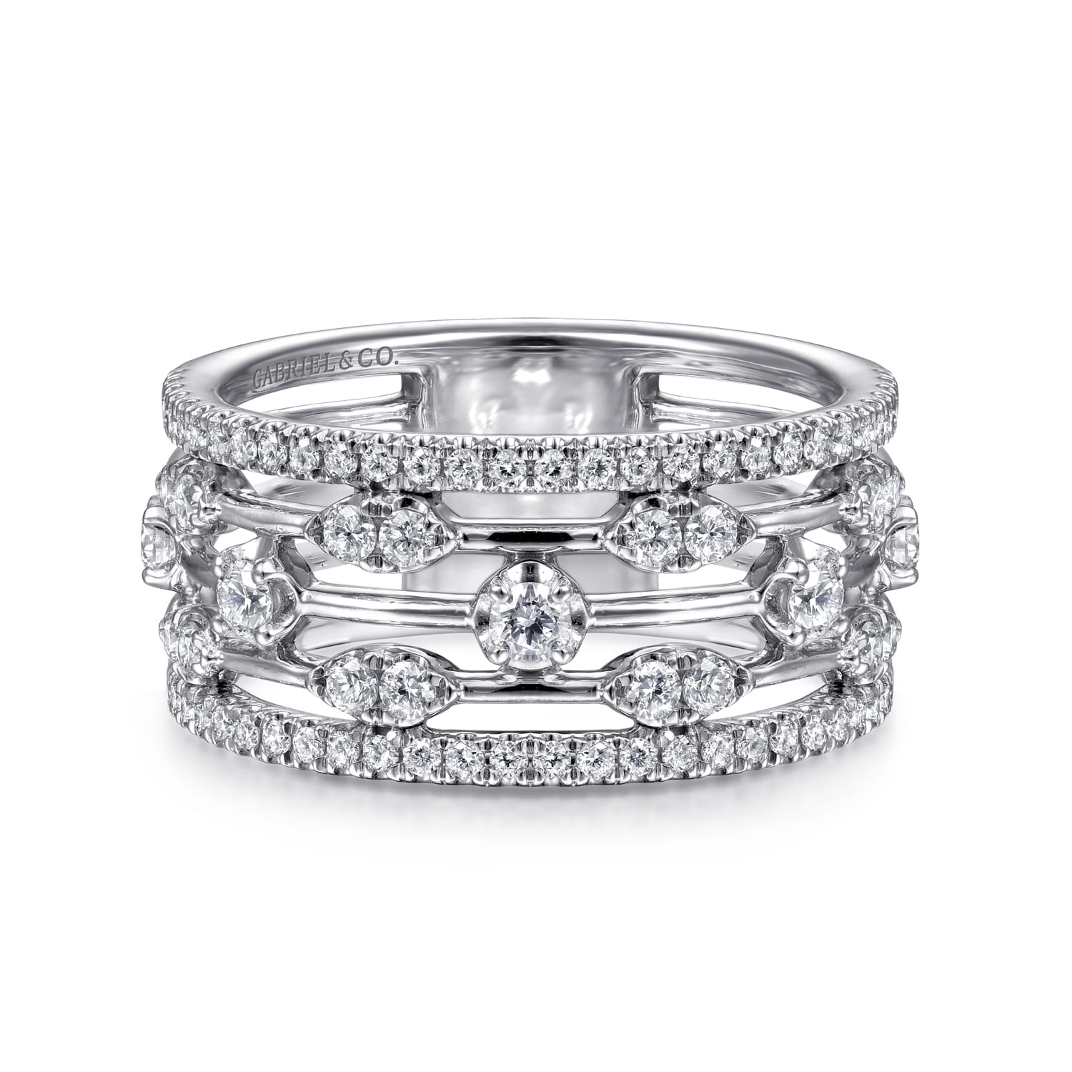 14K White Gold Wide Five Row Diamond Station Ring - 0.75 ct - Shot 1