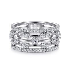 14K White Gold Wide Five Row Diamond Station Ring