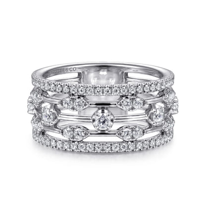 14K White Gold Wide Five Row Diamond Station Ring
