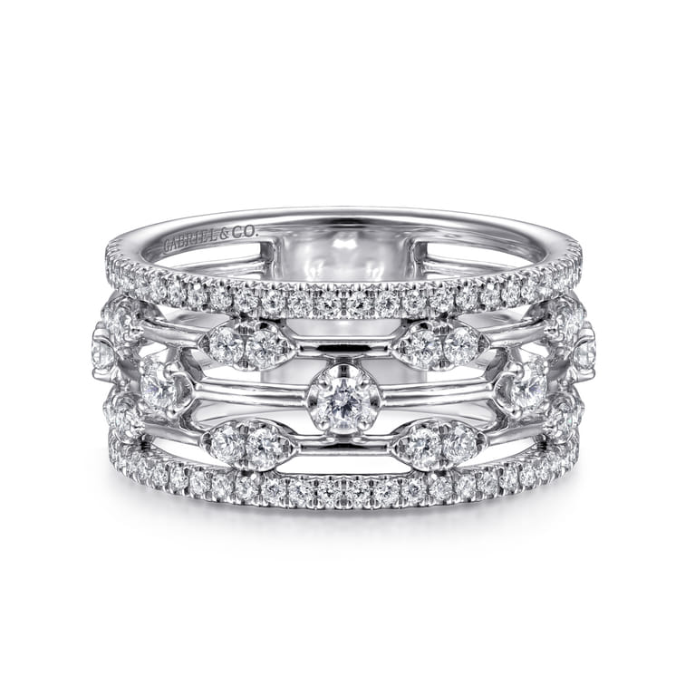 14K White Gold Wide Five Row Diamond Station Ring - 0.75 ct - Shot 1