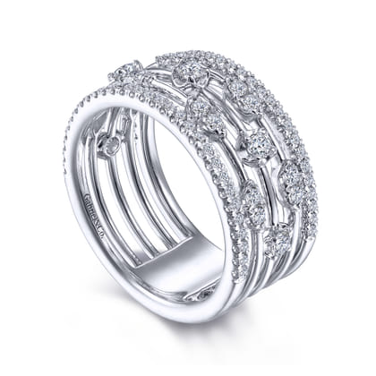 14K White Gold Wide Five Row Diamond Station Ring