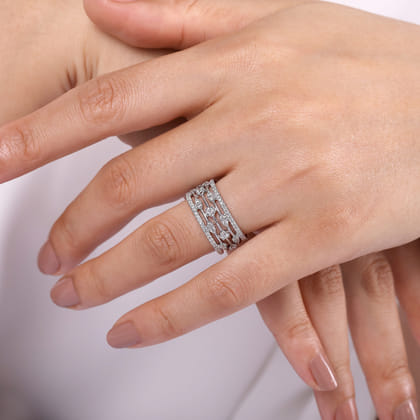 14K White Gold Wide Five Row Diamond Station Ring