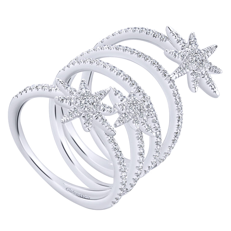 14K White Gold Wide Open Diamond Band and Star Station Statement Ring - 0.9 ct - Shot 3