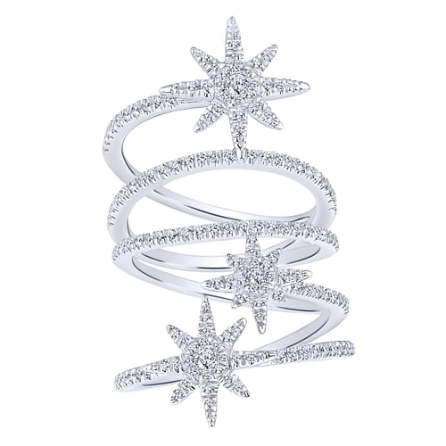 14K White Gold Wide Open Diamond Band and Star Station Statement Ring - 0.9 ct - Shot 4