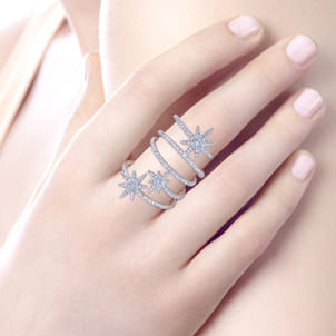 14K White Gold Wide Open Diamond Band and Star Station Statement Ring