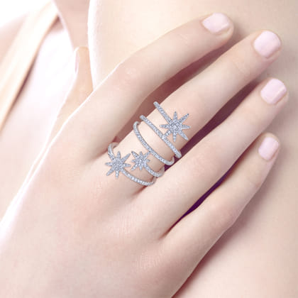 14K White Gold Wide Open Diamond Band and Star Station Statement Ring