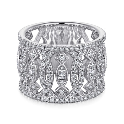 14K White Gold Wide Open Pattern Diamond Ring