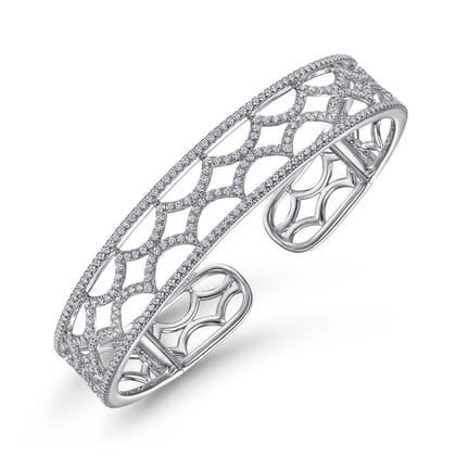 14K White Gold Wide Zig Zag Diamond Cuff Bracelet