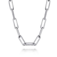 14K White Paper Clip Chain Necklace with Diamond Stations