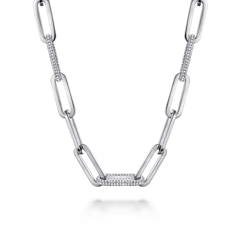 14K White Paper Clip Chain Necklace with Diamond Stations - 2.1 ct - Shot 1