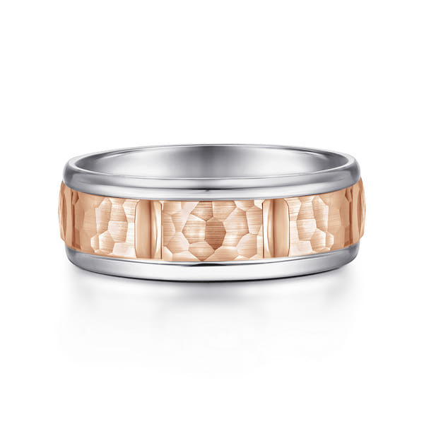 White and Rose Gold Hammered Men's Wedding Band