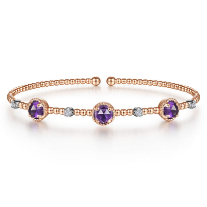 14K White-Rose Gold Amethyst and Diamond Station Bujukan Bangle