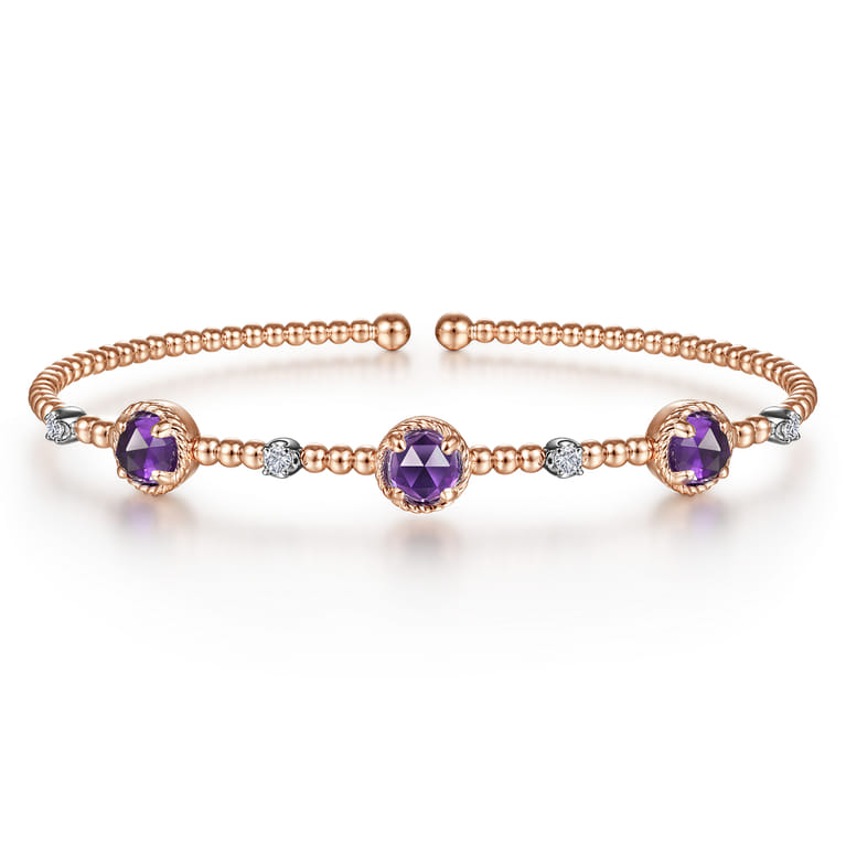 14K White-Rose Gold Amethyst and Diamond Station Bujukan Bangle - 0.11 ct - Shot 1