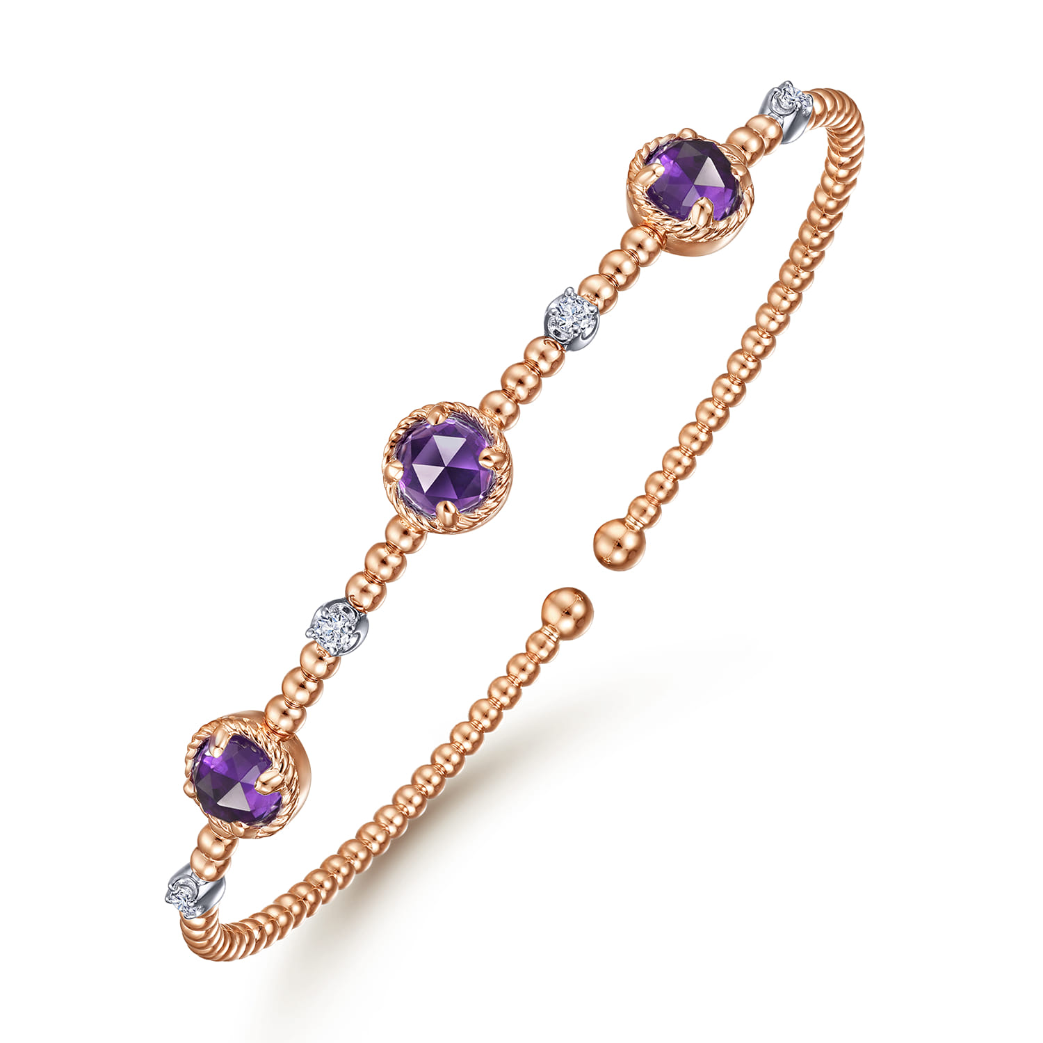 14K White-Rose Gold Amethyst and Diamond Station Bujukan Bangle - 0.11 ct - Shot 2