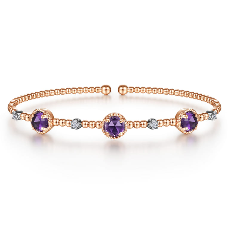 14K White-Rose Gold Amethyst and Diamond Station Bujukan Bangle - 0.11 ct - Shot 1