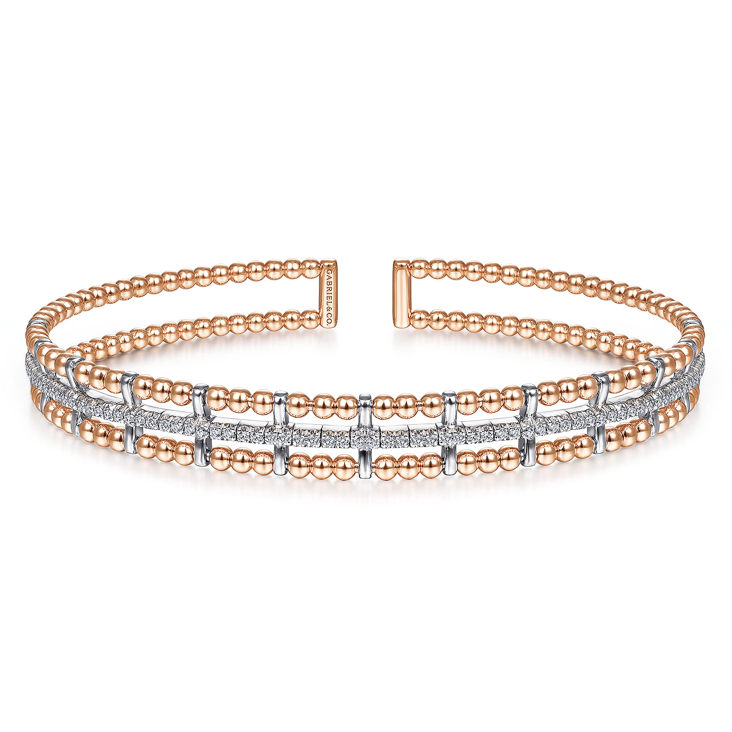 14K White-Rose Gold Bujukan Bead Cuff Bangle with Inner Diamond Channel - 0.35 ct - Shot 1