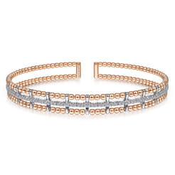 14K White-Rose Gold Bujukan Bead Cuff Bangle with Inner Diamond Channel