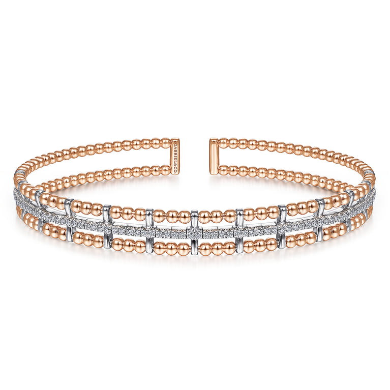 14K White-Rose Gold Bujukan Bead Cuff Bangle with Inner Diamond Channel - 0.35 ct - Shot 1