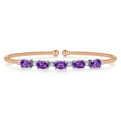 14K White-Rose Gold Bujukan Bead Cuff Bracelet with Amethyst and Diamond Stations
