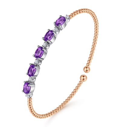 14K White-Rose Gold Bujukan Bead Cuff Bracelet with Amethyst and Diamond Stations