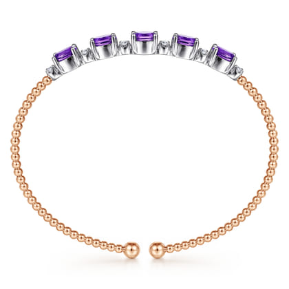 14K White-Rose Gold Bujukan Bead Cuff Bracelet with Amethyst and Diamond Stations