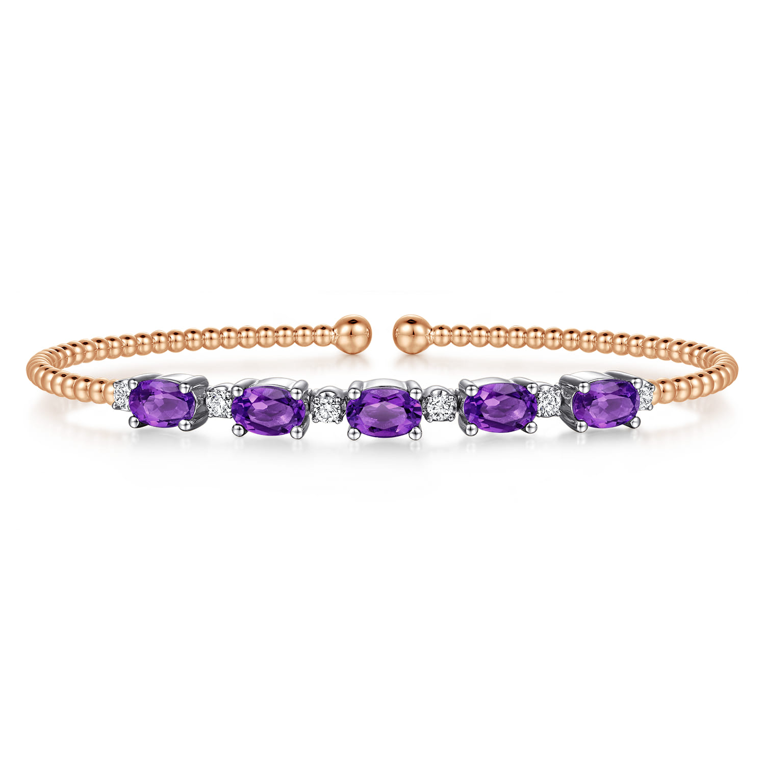 14K White-Rose Gold Bujukan Bead Cuff Bracelet with Amethyst and Diamond Stations - 0.2 ct - Shot 1