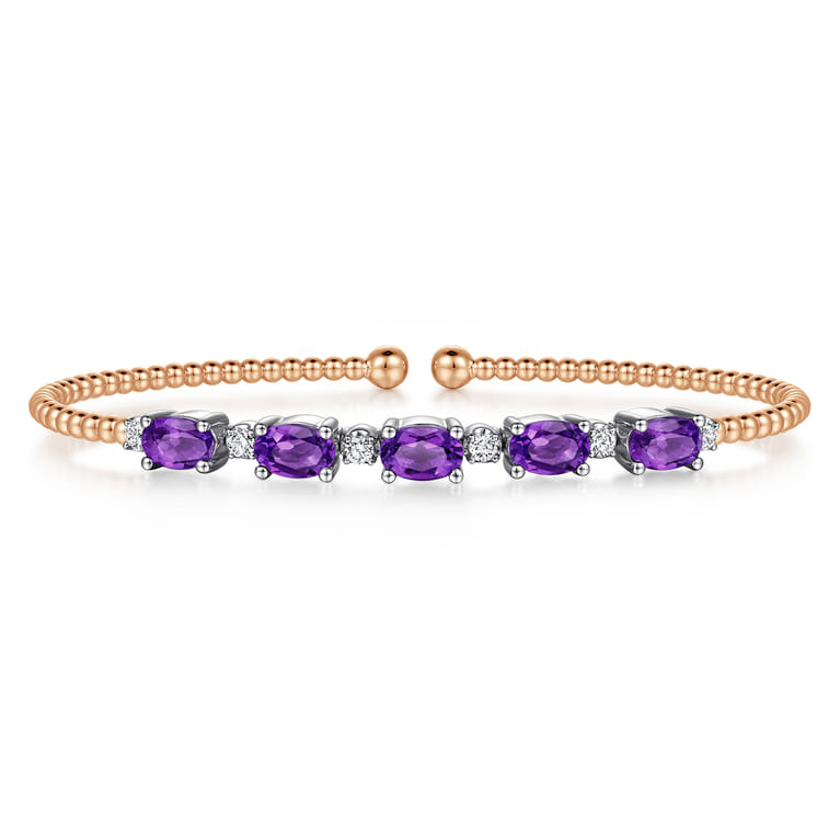 14K White-Rose Gold Bujukan Bead Cuff Bracelet with Amethyst and Diamond Stations - 0.2 ct - Shot 1