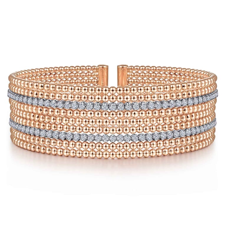 14K White-Rose Gold Bujukan Bead Cuff Bracelet with Diamond Channels - 1.28 ct - Shot 1