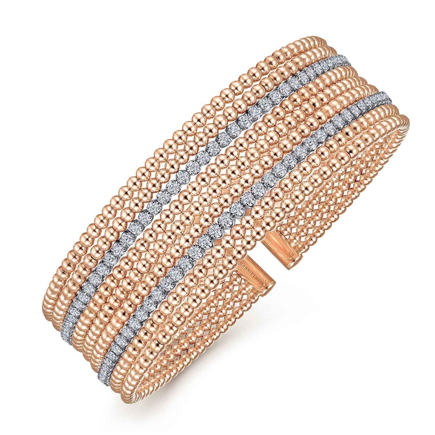 14K White-Rose Gold Bujukan Bead Cuff Bracelet with Diamond Channels - 1.28 ct - Shot 2