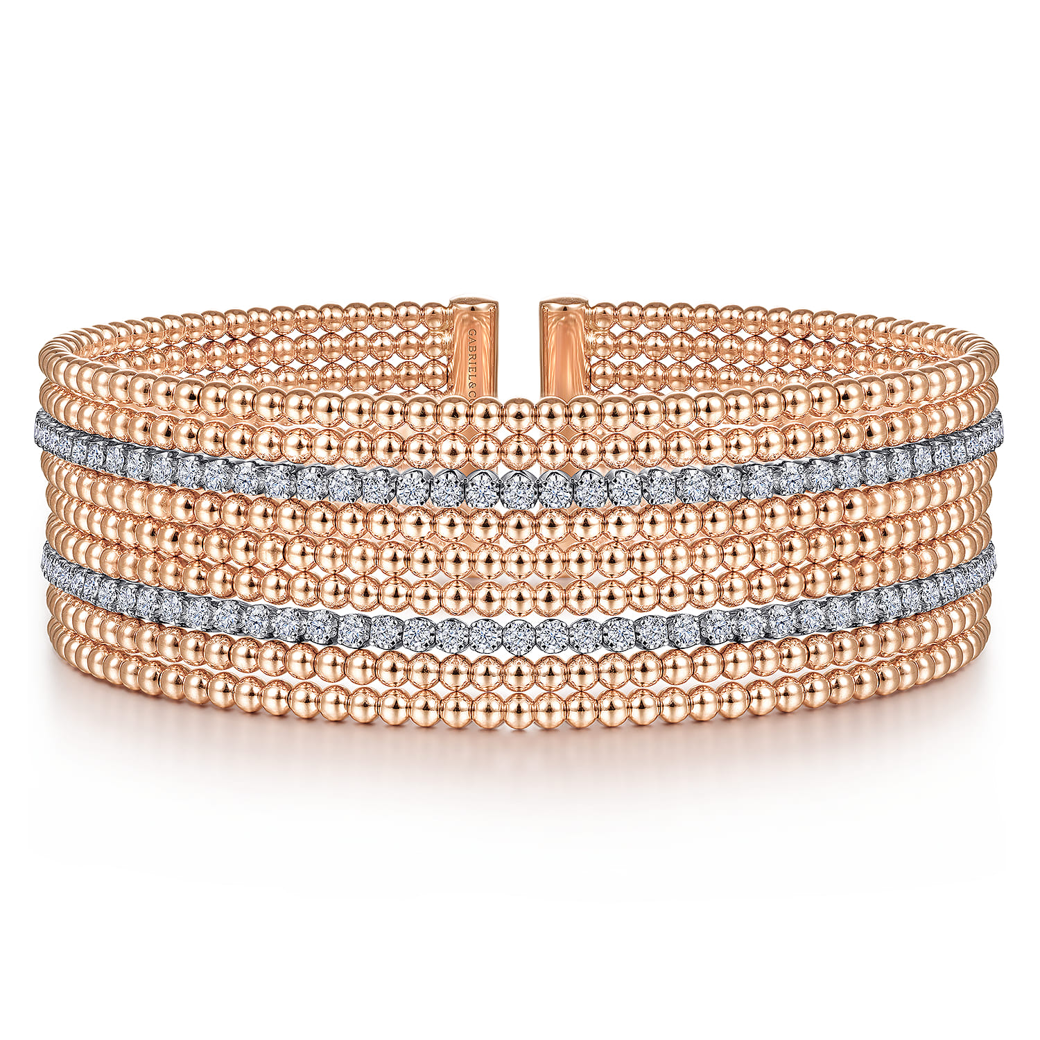 14K White-Rose Gold Bujukan Bead Cuff Bracelet with Diamond Channels - 1.3 ct - Shot 1