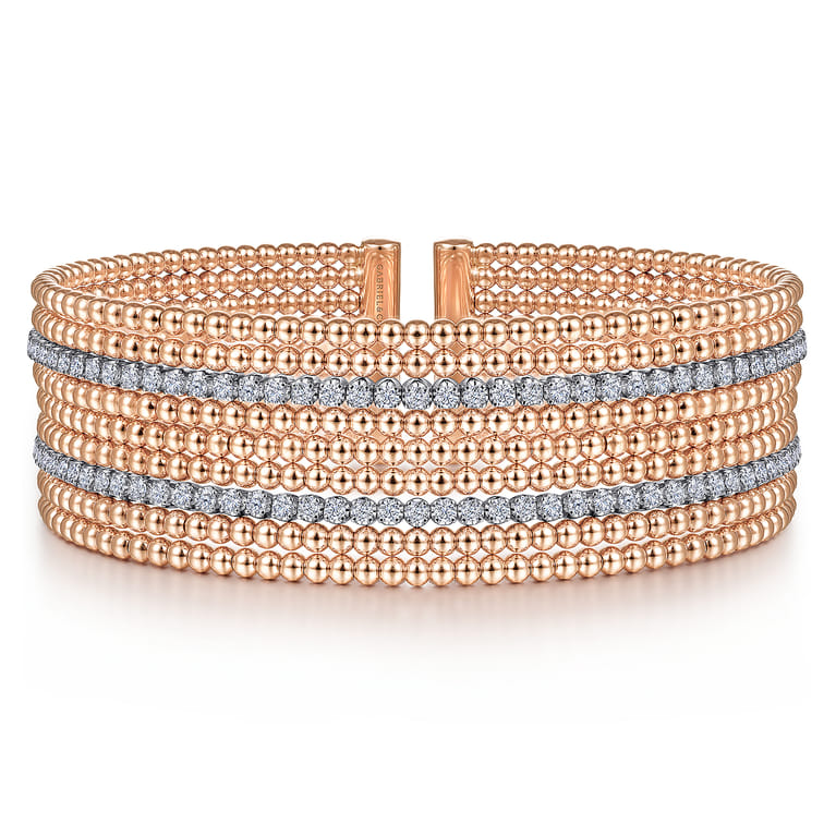 14K White-Rose Gold Bujukan Bead Cuff Bracelet with Diamond Channels - 1.3 ct - Shot 1