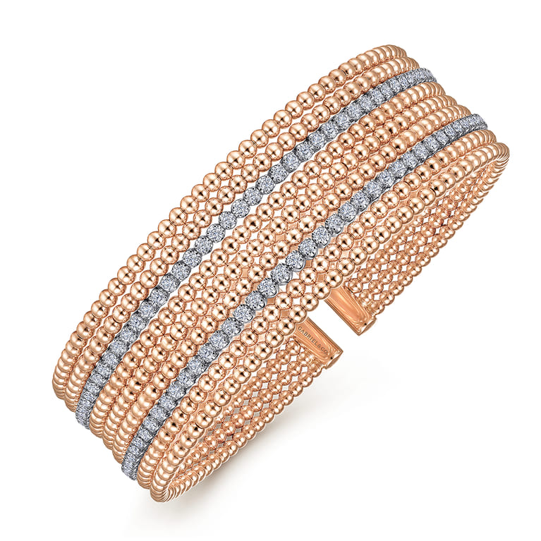 14K White-Rose Gold Bujukan Bead Cuff Bracelet with Diamond Channels - 1.3 ct - Shot 2
