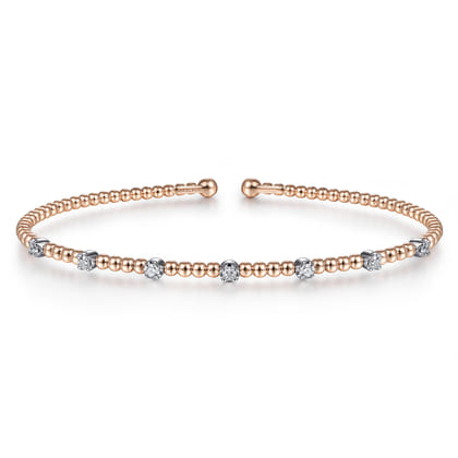 14K White-Rose Gold Bujukan Bead Cuff Bracelet with Diamond Stations