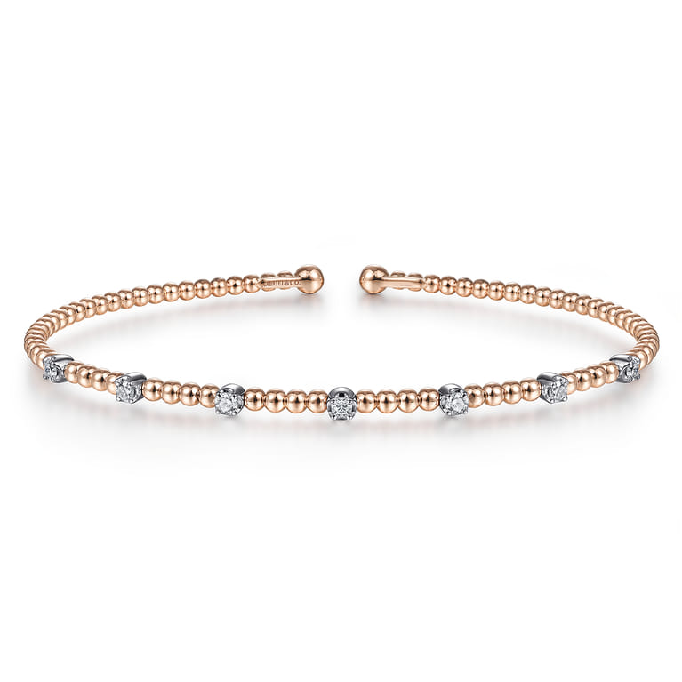 14K White-Rose Gold Bujukan Bead Cuff Bracelet with Diamond Stations - 0.21 ct - Shot 1